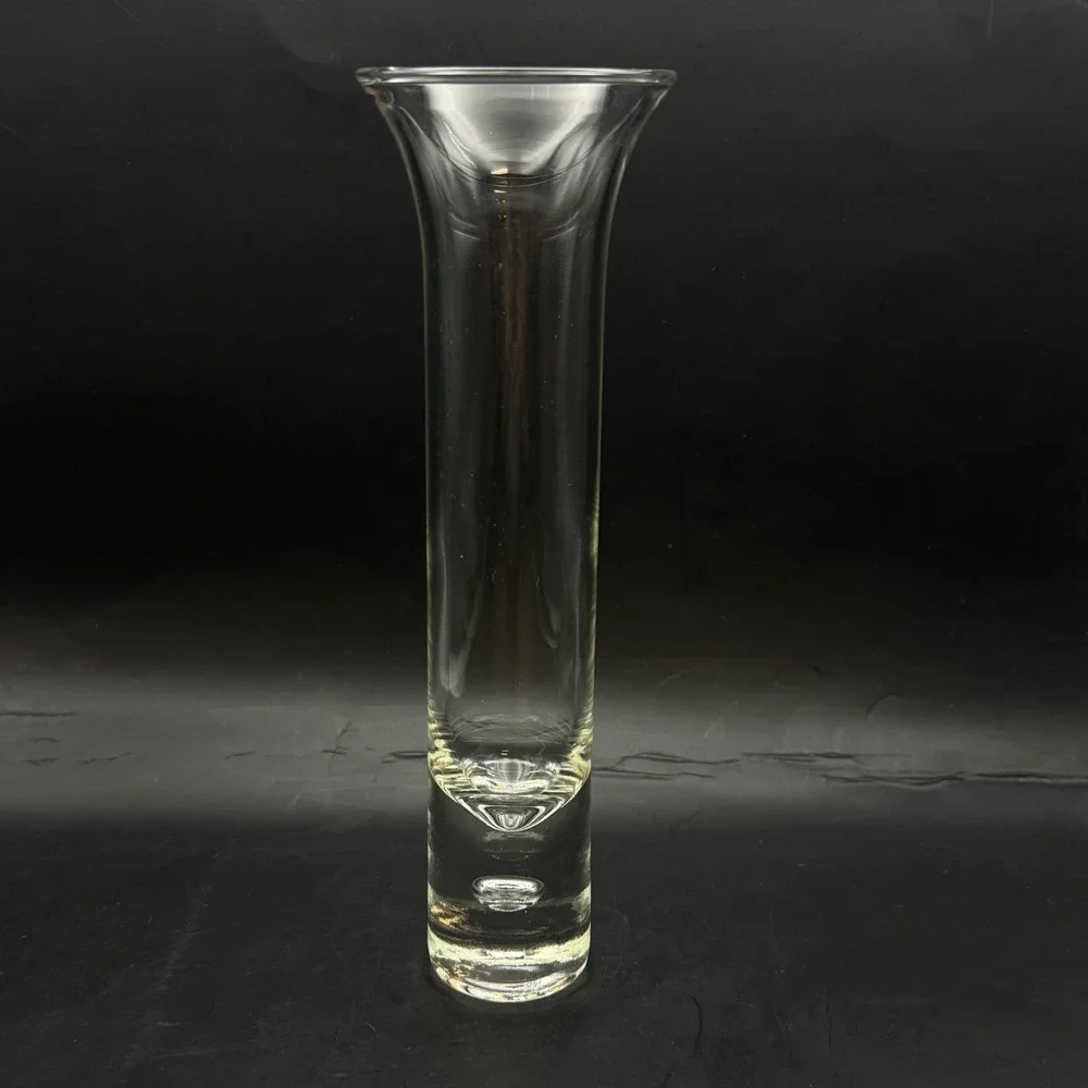 Hand Blown Clear Glass Bud Vase Flared Rim Weighted Controlled Bubble Base 8.5
